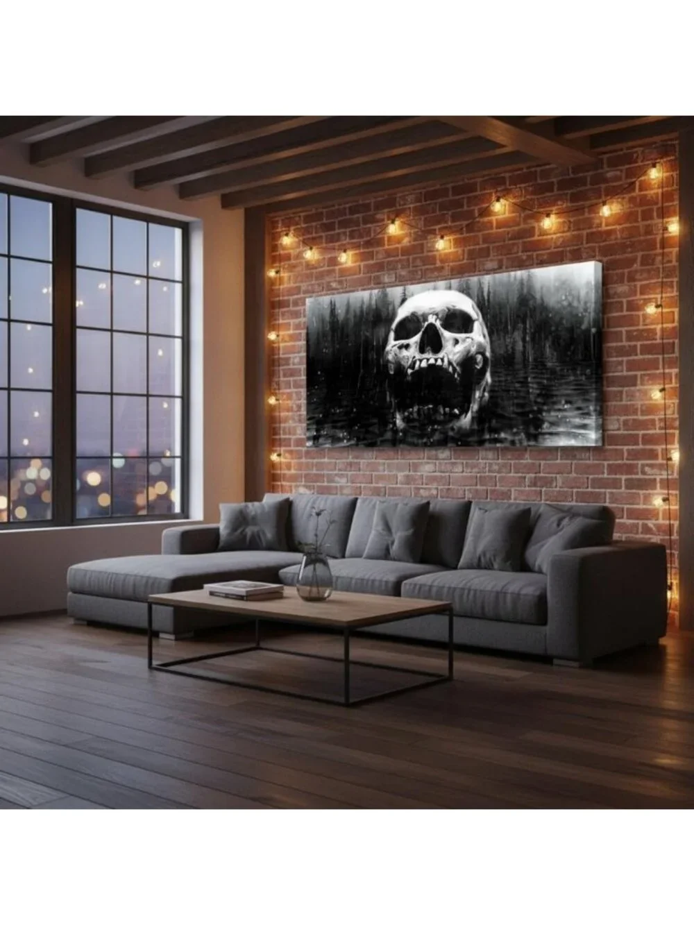 Large Gothic Skull Wall Art - Black & White Skeleton Canvas Decor 20x36